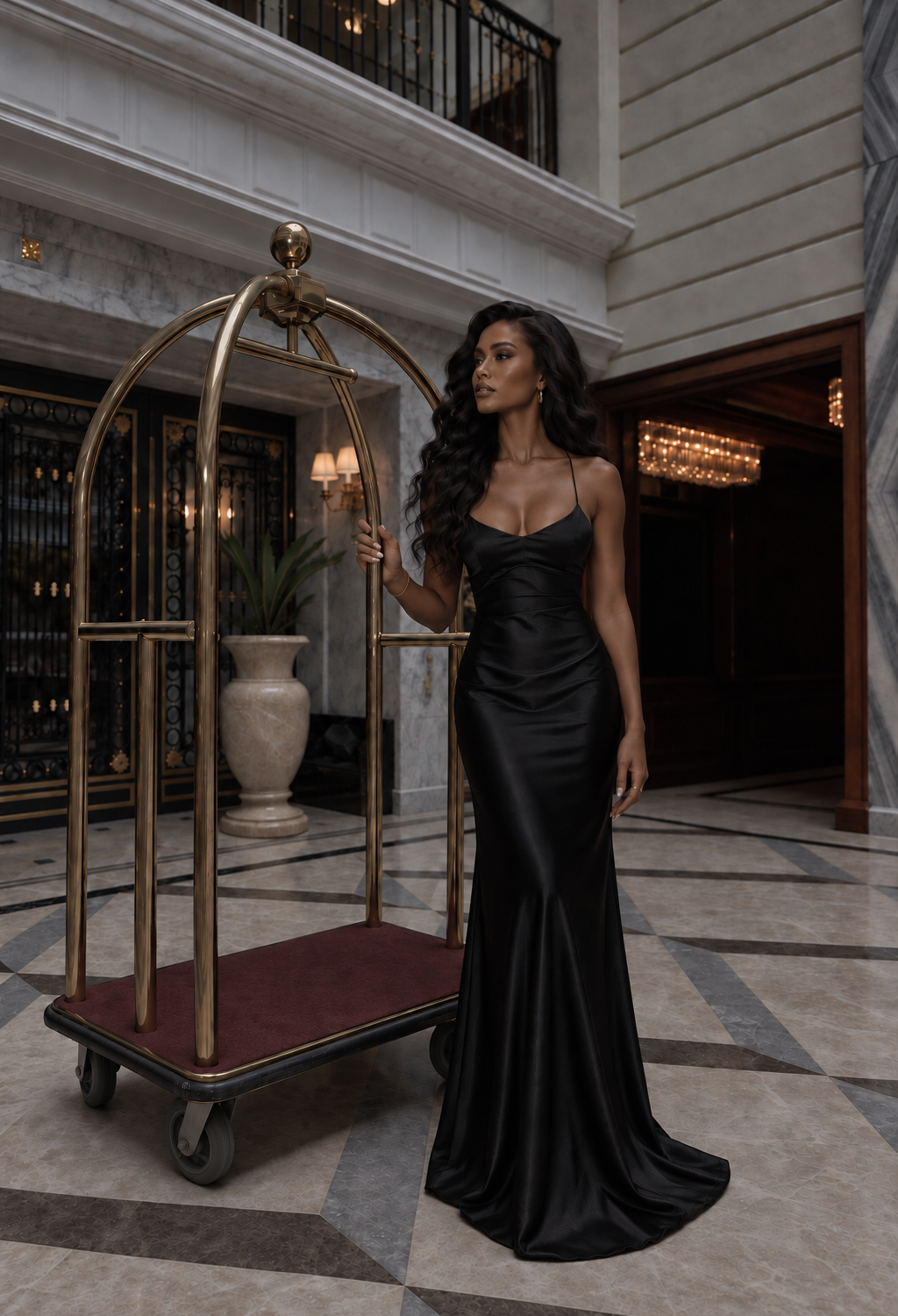Deuxième vue de Robe de soirée noir longue en satin bretelles spaghetti décolleté dos nu laçage croisées dans le dos