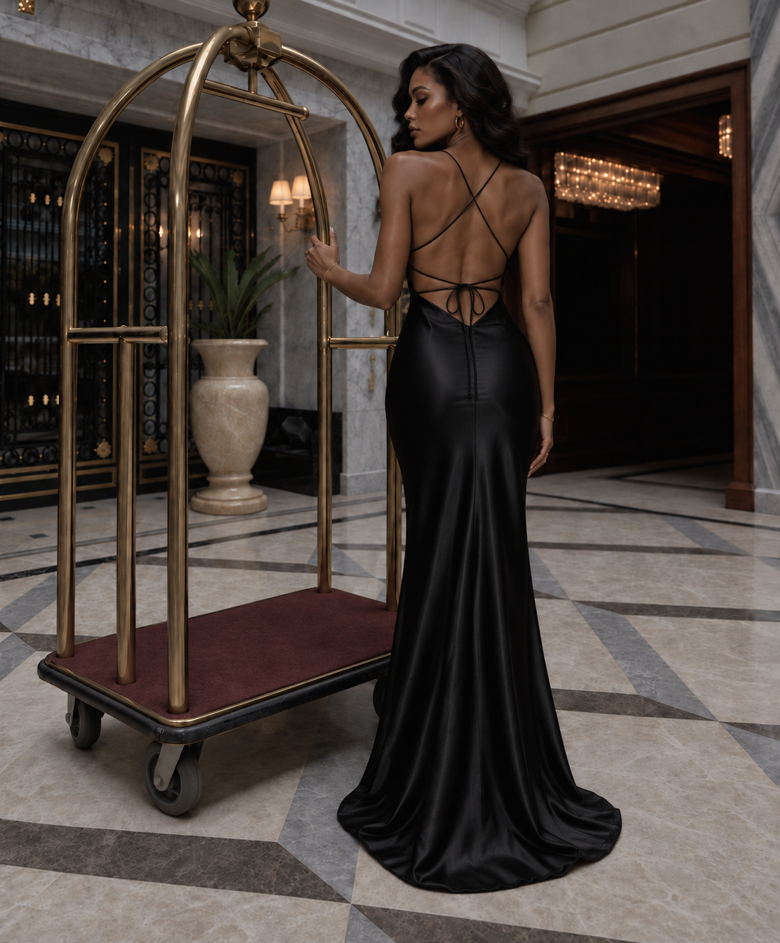 Robe de soirée noir longue en satin bretelles spaghetti décolleté dos nu laçage croisées dans le dos